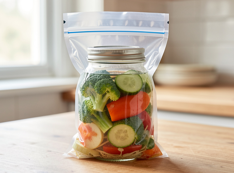 A water-filled zip bag used as a brine weight conforming to the surface of vegetables in a mason jar